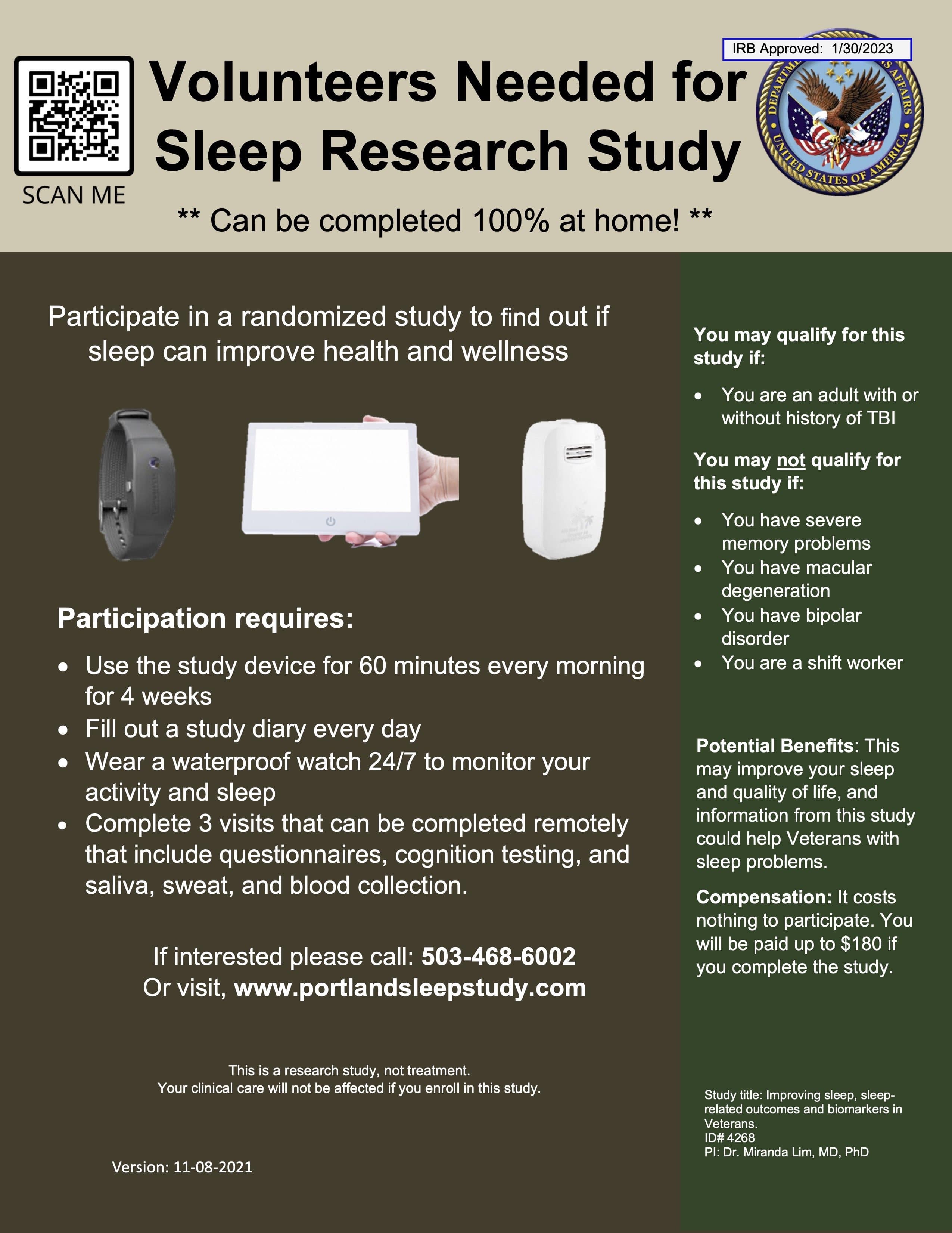 Sleep study recruitment flyer for Sleep & Wellness Study
